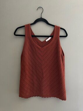 Chevron Knit Subtle V-Neck Tank Top Sweater Burnt Orange Large Preppy Minimalist